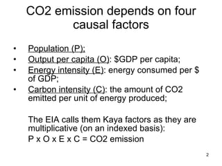 CO2 emission depends on four causal factors <ul><li>Population (P); </li></ul><ul><li>Output per capita (O) : $GDP per cap...