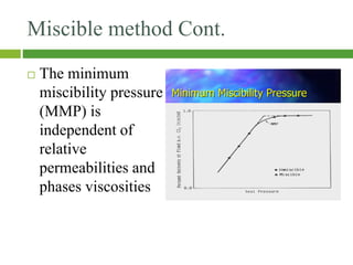 Miscible method Cont.
 The minimum
miscibility pressure
(MMP) is
independent of
relative
permeabilities and
phases viscosities
 