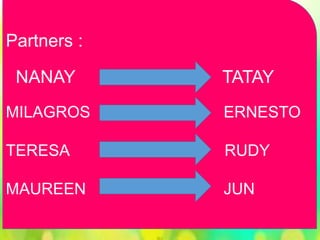 Partners :
NANAY TATAY
MILAGROS ERNESTO
TERESA RUDY
MAUREEN JUN
 