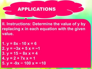 II. Instructions: Determine the value of y by
replacing x in each equation with the given
value.
1. y = 8x - 10 x = 6
2. y = −3x + 5 x = −1
3. y = 15 − 8x x = 4
4. y = 2 + 7x x = 1
5. y = -9x − 100 x = −10
APPLICATIONS
 