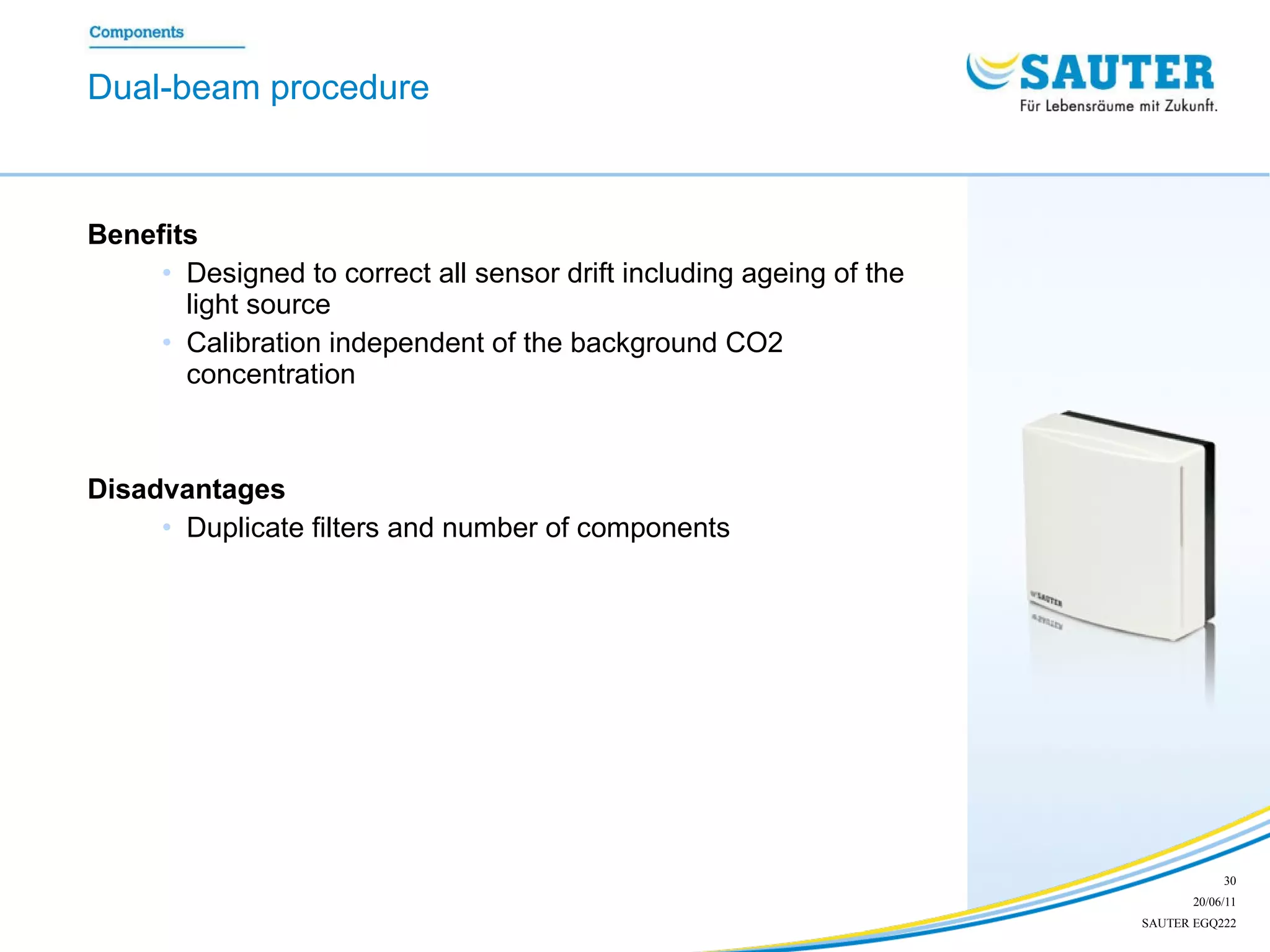 Benefits Designed to correct all sensor drift including ageing of the light source Calibration independent of the background CO2 concentration Disadvantages Duplicate filters and number of components Dual-beam procedure 