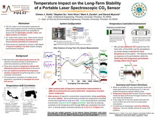 Temperature Impact on the Long-Term Stability
                                                             of a Portable Laser Spectroscopic CO2 Sensor
                                                              Clinton J. Smith,1 Stephen So,1 Amir Khan,2 Mark A. Zondlo2, and Gerard Wysocki1
                                                                           1 – Dept. of Electrical Engineering, Princeton University, Princeton, NJ 08544
                                                                    2 – Dept. of Civil and Environmental Engineering, Princeton University, Princeton, NJ 08544

                             Motivation                                                                        System Configuration                                                                 Temperature Controlled Environment
   The CO2 impact on the atmospheric greenhouse                                                       24 cm                                                                                   Temperature Controlled Vessel
    effect requires global and local monitoring capability
    which would greatly benefit from availability of
    sensors that are lightweight, portable, robust, and
    highly sensitive and selective .
                                                                                                                                                                                                    Both sensor board and optical
   For study of the Carbon Cycle, these sensors should                                                                                                                                             system are placed in the
                                                                                                                                                                                                                                           The sensor board is placed outside
                                                                                                                                                                                                                                           while the optical system is placed
    also be low-power/battery operated and capable of                                                                                                                                               temperature controlled                 inside the temperature controlled
    being wirelessly networked and autonomous.                                                  Left: CO2 sensor as seen from top.                                                                  environment.                           environment.
                                                                                                      The total size is less than that of a shoebox.
   These sensors are expected to maintain a high degree                                        Right: Schematic of optical configuration and electrical control systems.
    of long-term stability in the field, despite changing                                                                                                                                               • We use two additional TEC’s placed near the
    environmental conditions.                                                                                                                                                                             heat-sinks of the VCSEL and the photodector
                                                                                                                                                                               All Inside, Line-

                                                                          All Outside, Gimbal
                                                                                                                                                                                    Locking               (as shown above) to perturb the local
                                                                                                                                                                                                          temperature of the system. The detector shows
                           Background                                                                                                                                                                     no response to the perturbation, while the
                                                                                                                      ~0.64 ppm
                                                                                                                                                                                                          VCSEL heat-sink temperature perturbation
 We have built a laser spectroscopic sensor for CO2                                                                 ~0.29 ppm
                                                                                                                                  1x10-5 UMDL                               Cell Inside, Constant
                                                                                                                                                                                Temperature
                                                                                                                                                                                                          strongly affects the 2f signal!
  detection and demonstrated its performance in                           All Outside, Fixed                    CO2 Sensor Allan Variance
  preliminary laboratory and field tests [1].
 These tests revealed a temperature induced drift
  affecting the long term performance of the sensor.                                                                                                                           Cell Inside, 2x
                                                                                                                                                                              Over-Modulation
 Here we studied and identified the temperature                            All Outside, 2x
  sensitive components by performing tests in a well-                      Over-Modulation                                                              1.5x10 -6 UMDL

  controlled environment.
                                                                                                                                                                               Cell Inside, Line-
 The temperature correlation of multiple sensor                                                                                                                                    Locking

  parameters is quantified to investigate the sensor
  drift sources.

      Temperature-drift Correlation                                                                                                                                                                            Summary and Future Directions
                                                                                                                                                                                                       While our portable CO2 laser spectroscopic sensor has
                                                                               • Allan variance plots of long term concentration measurements in                                                        shown good short-term performance [1], it also has
                                                                                 different environments are used to determine temperature-sensitive                                                     evident temperature induced stability issues.
                                                                                 sensor components.                                                                                                    Temperature induced drift has been traced to impact
                                                                               • Allan variance of long term concentration measurements allows quantifying                                              mostly the laser performance through variations in the
                                                                                 the sensor stability. Sensor performance outside the temperature controlled                                            laser heat-sink temperature.
                 0.21 °C                           0.12 °C

                                                                                 environment experiences long-term drift. Inside the temperature controlled                                            A two-stage TEC for the laser would ameliorate this
                                                                                                                                                                                                        source of drift, but at the cost of increase power
  • Only 0.21 C of ambient          • 0.12 C change in                           environment, long-term drift is largely eliminated. Also note, by reducing
                                      temperature does not
                                                                                                                                                                                                        consumption.
    temperature change is                                                        sensitivity to the temperature drift through WMS over-modulation the short-
    sufficient to influence VCSEL     influence 2f signal.                                                                                                                                             Currently we are developing a real-time calibration
    stability and thus 2f signal.   • The R2 correlation between                 term (1 second) system sensitivity improves by 17-62 % to ~0.24ppm (1 ).                                               method as the most reliable solution for sensor drift
  • The R2 correlation between        temperature and 2f
    temperature and 2f signal is      amplitude is 0.0049 and
                                                                                                                                                                                                        problems.
    0.8813.                           no significant influence is                 This work was partially supported by the National Science Foundation under Grant
                                                                                  No.EEC0540832, an NSF MRI award #0723190 for the openPHOTONS systems, and National                                References: [1] C. J. Smith, S. So, and G. Wysocki, "Low-Power Portable Laser
                                      observed.                                                                                                                                                              Spectroscopic Sensor for Atmospheric CO2Monitoring," in
                                                                                  Science Foundation Grant No. 0903661 “Nanotechnology for Clean Energy IGERT.”                                              Conference on Laser Electro-Optics: Applications, JThB4.
 