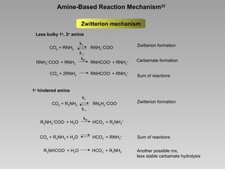 Amine-Based Reaction Mechanism22
Zwitterion mechanism
Less bulky 1o, 2o amine
CO2 + RNH2
RNH2+COO- + RNH2

k1

CO2 + 2RNH2

Zwitterion formation

RNHCOO- + RNH3+

Carbamate formation

RNHCOO- + RNH3+

k-1
kB

RNH2+COO-

Sum of reactions

1o hindered amine
k1
CO2 + R3NH2

R3NH2+COO- + H2O

k-1
kB

RN3H2+COO-

Zwitterion formation

HCO3- + R3NH3+

CO2 + R3NH2 + H2O

HCO3- + RNH3+

Sum of reactions

R3NHCOO- + H2O

HCO3- + R3NH2

Another possible rnx,
less stable carbamate hydrolysis

 
