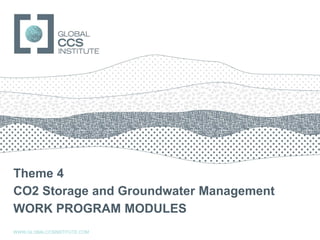 GLOBAL CCS INSTITUTE




Theme 4
CO2 Storage and Groundwater Management
WORK PROGRAM MODULES
WWW.GLOBALCCSINSTITUTE.COM
 
