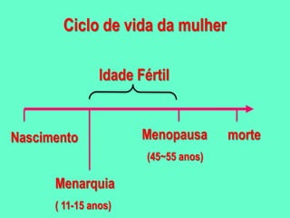 Nascimento
Menarquia
( 11-15 anos)
Menopausa
(45~55 anos)
morte
Ciclo de vida da mulher
Idade Fértil
 