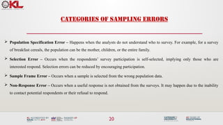 CATEGORIES OF SAMPLING ERRORS
20
 Population Specification Error – Happens when the analysts do not understand who to survey. For example, for a survey
of breakfast cereals, the population can be the mother, children, or the entire family.
 Selection Error – Occurs when the respondents’ survey participation is self-selected, implying only those who are
interested respond. Selection errors can be reduced by encouraging participation.
 Sample Frame Error – Occurs when a sample is selected from the wrong population data.
 Non-Response Error – Occurs when a useful response is not obtained from the surveys. It may happen due to the inability
to contact potential respondents or their refusal to respond.
 