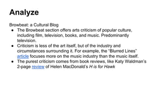 Analyze
Browbeat: a Cultural Blog
● The Browbeat section offers arts criticism of popular culture,
including film, television, books, and music. Predominantly
television.
● Criticism is less of the art itself, but of the industry and
circumstances surrounding it. For example, the “Blurred Lines”
article focuses more on the music industry than the music itself.
● The purest criticism comes from book reviews, like Katy Waldman’s
2-page review of Helen MacDonald’s H is for Hawk
 