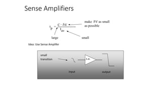 Sense Amplifiers
tp
C DV

Iav
----------------
=
make DV as small
as possible
small
large
Idea: Use Sense Amplifer
output
input
s.a.
small
transition
 