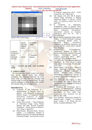Jaspreet kaur, Rajneet kaur / International Journal of Engineering Research and Applications
(IJERA) ISSN: 2248-9622 www.ijera.com
Vol. 3, Issue 3, May-Jun 2013, pp.548-550
550 | P a g e
Figure 8: PSF of final image
Table 1: VALUES OF MSE AND ELAPSED
TIME
V. CONCLUSION
We concluded that Symlet wavelet with wiener
filter provide superior results than filtering
techniques. This technique minimizes the mean
square error and from PSF we concluded that
restored image is closer to original image. We also
used this technique to reduce another types of noise
like Gaussian noise, salt and pepper noise.
REFERENCES
[1] Sivakumar .R and Nedumaran .D, “
Implementation of Wavelet Filters for
Speckle noise Reduction in Ultrasound
Medical Images: A Comparative Study”
International Conference on Signals,
Systems and Communication, December
21-23, 2009.
[2] Asmaa Abass Ajwad , “ Noise Reduction
of Ultrasound Image Using Wiener
filtering and Haar Wavelet Transform
Techniques” Diyala Journal of Medicine,
Vol. 2, Issue 1, April 2012.
[3] Dhrub Kumar, Maitreyee Dutta, Parveen
Lehana, “ A Comparative Analysis of
Different Wavelets for Enhancing Medical
Ultrasound Images”, International Journal
of Computer Applications (0975 – 8887)
,Volume 66– No.7, March 2013.
[4] N.K. Ragesh, A.R. Anil, DR. R. Rajesh,
“Digital Image Denoising in Medical
Ultrasound Images: A Survey”, IGCST
AIML – 11 Conference, Dubai, UAE, 12-14
April 2011.
[5] R. Sivakumar, D. Nedumaran,
“Comparative study of Speckle Noise
Reduction of Ultrasound B-Scan Images in
Matrix Laboratory Environment”,
International Journal of Computer
Applications, IJCA, Vol. 10 – No. 9,
November 2010.
[6] Haryali Dhillon, Gagandeep Jindal, Akshay
Girdhar, “A Novel Threshold Technique
for Eliminating Speckle Noise in
Ultrasound Images”, International
Conference on Modelling, Simulation and
Control, IPCSIT, vol.10 (2011) IACSIT
Press, Singapore.
[7] R.Vanithamani, G.Umamaheswari,
“Performance Analysis of Filters for
Speckle Reduction in Medical Ultrasound
Images”, International Journal of
Computer Applications (0975 – 8887),
Volume 12– No.6, December 2010.
[8] J. Li and S. Lei, “Rate-distortion optimized
embedding”, in Proc. Picture Coding
Symp., Berlin, Germany, pp. 201-206, Sept.
10-12, 1997.
[9] Rakesh Kumar , B. S. Saini, “Improved
Image Denoising Technique Using
Neighboring Wavelet Coefficients of
Optimal Wavelet with Adaptive
Thresholding”, International Journal of
Computer Theory and Engineering, Vol. 4,
No. 3, June 2012.
[10] Andy Milkowski, MS, Yadong Li, PhD,
David Becker, MS, Syed O. Ishrak, PhD.
“Speckle Reduction Imaging”, GE Medical
Systems Ultrasound.
[11] E. Ordentlich, M. Weinberger, and G.
Seroussi, “A low-complexity modeling
approach for embedded coding of wavelet
coef_cients”, in Proc. IEEE Data
Compression Conf., Snowbird, UT, pp.
408-417, Mar. 1998.
[12] W.A. Pearlman, “Performance bounds for
subband codes”, Chapter 1 in Subband
Image Coding, J. W. Woods and Ed.
Klvwer. Academic Publishers, 1991.
SYMLET
WAVELET
WITH
WIENER
FILTER
MEAN
SQUARE
ERROR
(MSE)
ELAPSED
TIME
0.2359
5.669997
seconds
 