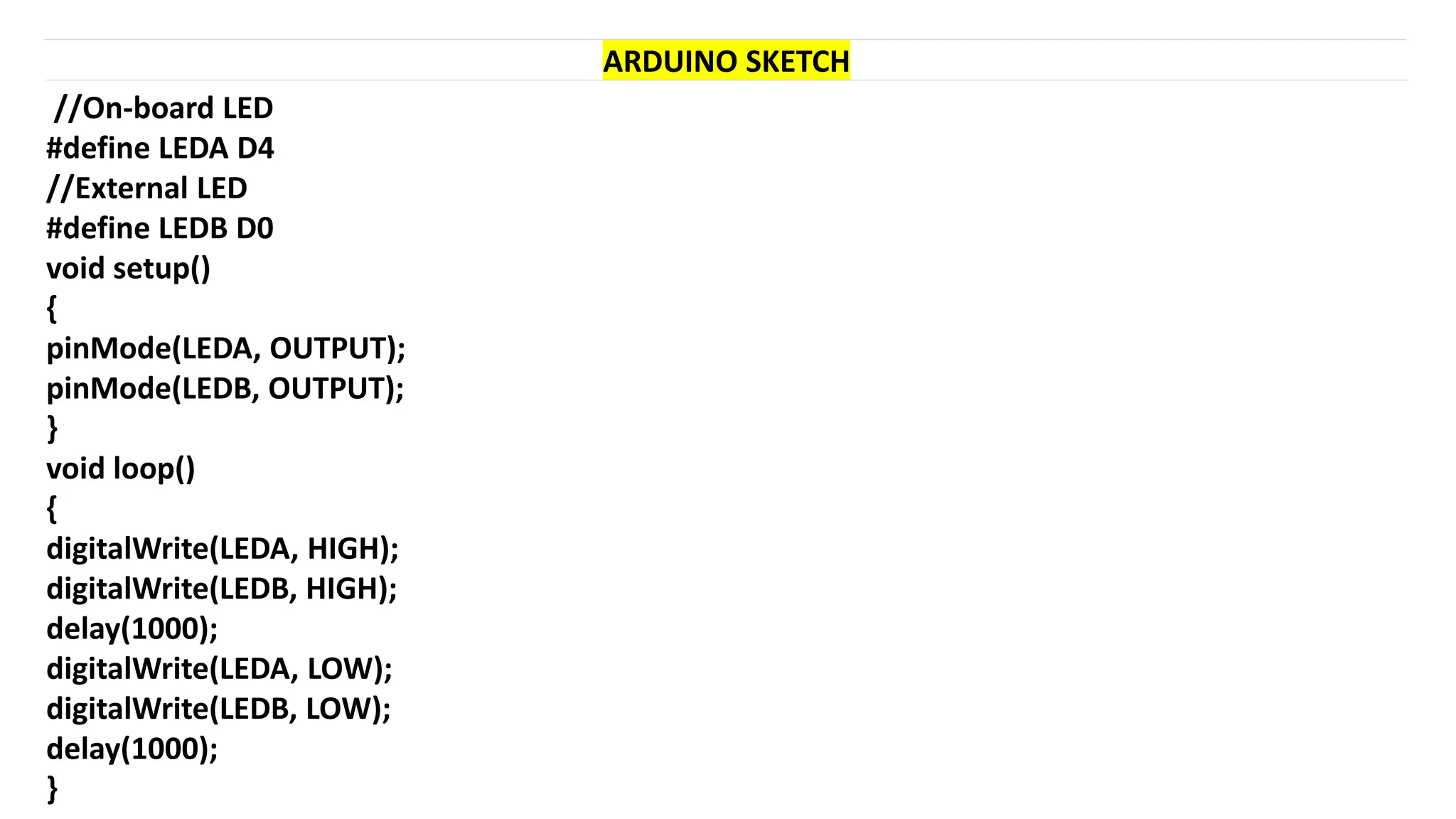 //On-board LED
#define LEDA D4
//External LED
#define LEDB D0
void setup()
{
pinMode(LEDA, OUTPUT);
pinMode(LEDB, OUTPUT);
}
void loop()
{
digitalWrite(LEDA, HIGH);
digitalWrite(LEDB, HIGH);
delay(1000);
digitalWrite(LEDA, LOW);
digitalWrite(LEDB, LOW);
delay(1000);
}
ARDUINO SKETCH
 