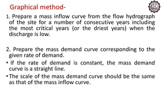 Graphical method-
1. Prepare a mass inflow curve from the flow hydrograph
of the site for a number of consecutive years including
the most critical years (or the driest years) when the
discharge is low.
2. Prepare the mass demand curve corresponding to the
given rate of demand.
• If the rate of demand is constant, the mass demand
curve is a straight line.
•The scale of the mass demand curve should be the same
as that of the mass inflow curve.
 