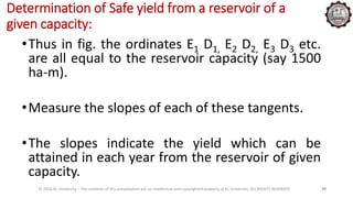 Determination of Safe yield from a reservoir of a
given capacity:
•Thus in fig. the ordinates E1 D1, E2 D2, E3 D3 etc.
are all equal to the reservoir capacity (say 1500
ha-m).
•Measure the slopes of each of these tangents.
•The slopes indicate the yield which can be
attained in each year from the reservoir of given
capacity.
© 2016 KL University – The contents of this presentation are an intellectual and copyrighted property of KL University. ALL RIGHTS RESERVED 29
 