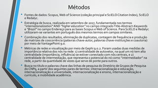 Métodos
• Fontes de dados: Scopus,Web of Science (coleção principal e SciELO Citation Index), SciELO
e Redalyc.
• Estratégia de busca, realizada em setembro de 2017, fundamentada nos termos
“internationalization”AND “higher education” no campo integradoTitle-Abstract-Keywords
e “Brazil” no campo Endereço para as bases Scopus eWeb of Science. Para SciELO e Redalyc
utilizaram-se variantes em português dos mesmos termos em campos similares.
• Combinação dos resultados, eliminação de duplicatas, contagem de frequência e produção
de matrizes de coocorrência (palavras chave-autor, palavras chave-instituições e coautoria)
por meio deVantagePoint 9.0.
• Métricas de redes e visualização por meio de Gephi 9.0.2. Foram usadas duas medidas de
importância relativa dos nós na rede: 1) centralidade de autovetor, na qual um nó tem alta
centralidade (importância, influência) se estiver conectado com nós centrais, e 2)
centralidade de intermediação, que representa o potencial do nó como “intermediador” na
rede, a partir da quantidade de vezes que serve de ponte para outros.
• Busca no título e palavras chave das linhas de pesquisa do Diretório de Grupos de Pesquisa
do CNPq, a partir dos seguintes pares de termos: internacionalização e educação,
internacionalização e universidade, internacionalização e ensino, internacionalização e
currículo, e mobilidade acadêmica.
 