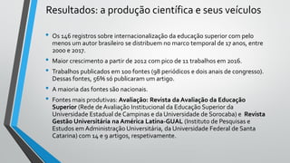 Resultados: a produção científica e seus veículos
• Os 146 registros sobre internacionalização da educação superior com pelo
menos um autor brasileiro se distribuem no marco temporal de 17 anos, entre
2000 e 2017.
• Maior crescimento a partir de 2012 com pico de 11 trabalhos em 2016.
• Trabalhos publicados em 100 fontes (98 periódicos e dois anais de congresso).
Dessas fontes, 56% só publicaram um artigo.
• A maioria das fontes são nacionais.
• Fontes mais produtivas: Avaliação: Revista da Avaliação da Educação
Superior (Rede de Avaliação Institucional da Educação Superior da
Universidade Estadual de Campinas e da Universidade de Sorocaba) e Revista
Gestão Universitária na América Latina-GUAL (Instituto de Pesquisas e
Estudos em Administração Universitária, da Universidade Federal de Santa
Catarina) com 14 e 9 artigos, respetivamente.
 