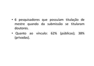 • 6 pesquisadores que possuíam titulação de
mestre quando da submissão se titularam
doutores.
• Quanto ao vínculo: 62% (públicas); 38%• Quanto ao vínculo: 62% (públicas); 38%
(privadas).
 