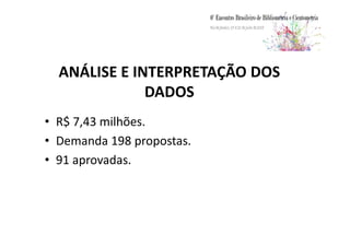 ANÁLISE E INTERPRETAÇÃO DOS
DADOS
• R$ 7,43 milhões.• R$ 7,43 milhões.
• Demanda 198 propostas.
• 91 aprovadas.
 