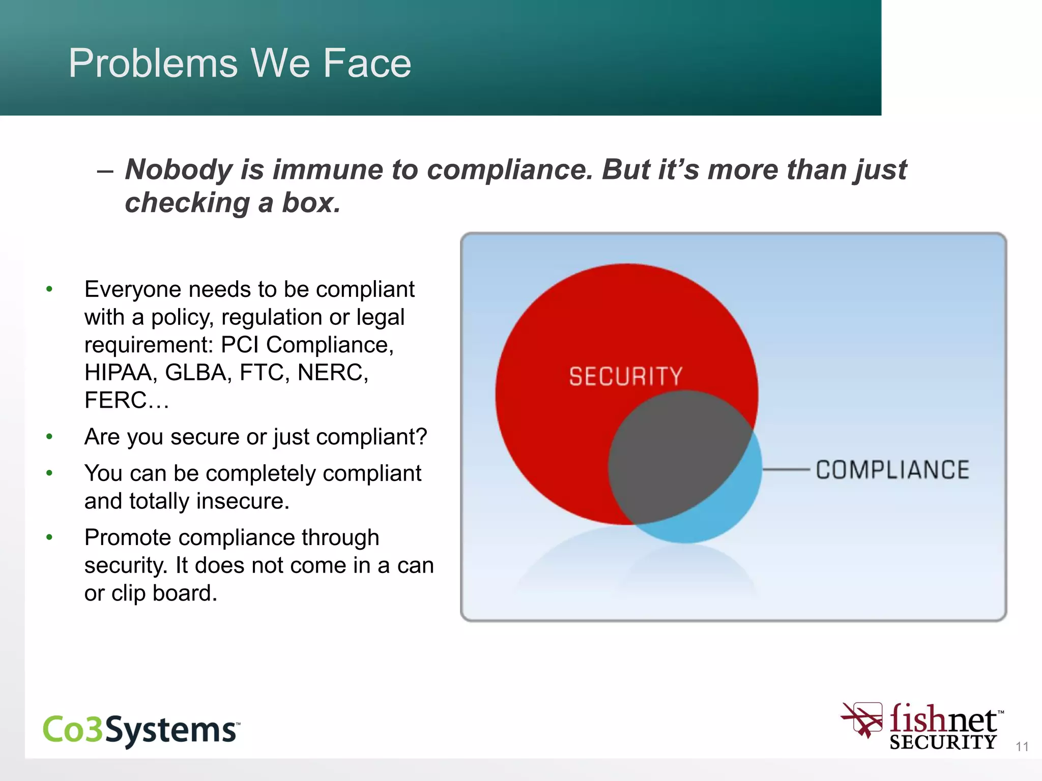 11
Problems We Face
– Nobody is immune to compliance. But it’s more than just
checking a box.
• Everyone needs to be compliant
with a policy, regulation or legal
requirement: PCI Compliance,
HIPAA, GLBA, FTC, NERC,
FERC…
• Are you secure or just compliant?
• You can be completely compliant
and totally insecure.
• Promote compliance through
security. It does not come in a can
or clip board.
 