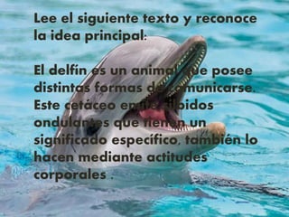 Lee el siguiente texto y reconoce
la idea principal:
El delfín es un animal que posee
distintas formas de comunicarse.
Este cetáceo emite silbidos
ondulantes que tienen un
significado específico, también lo
hacen mediante actitudes
corporales .
 