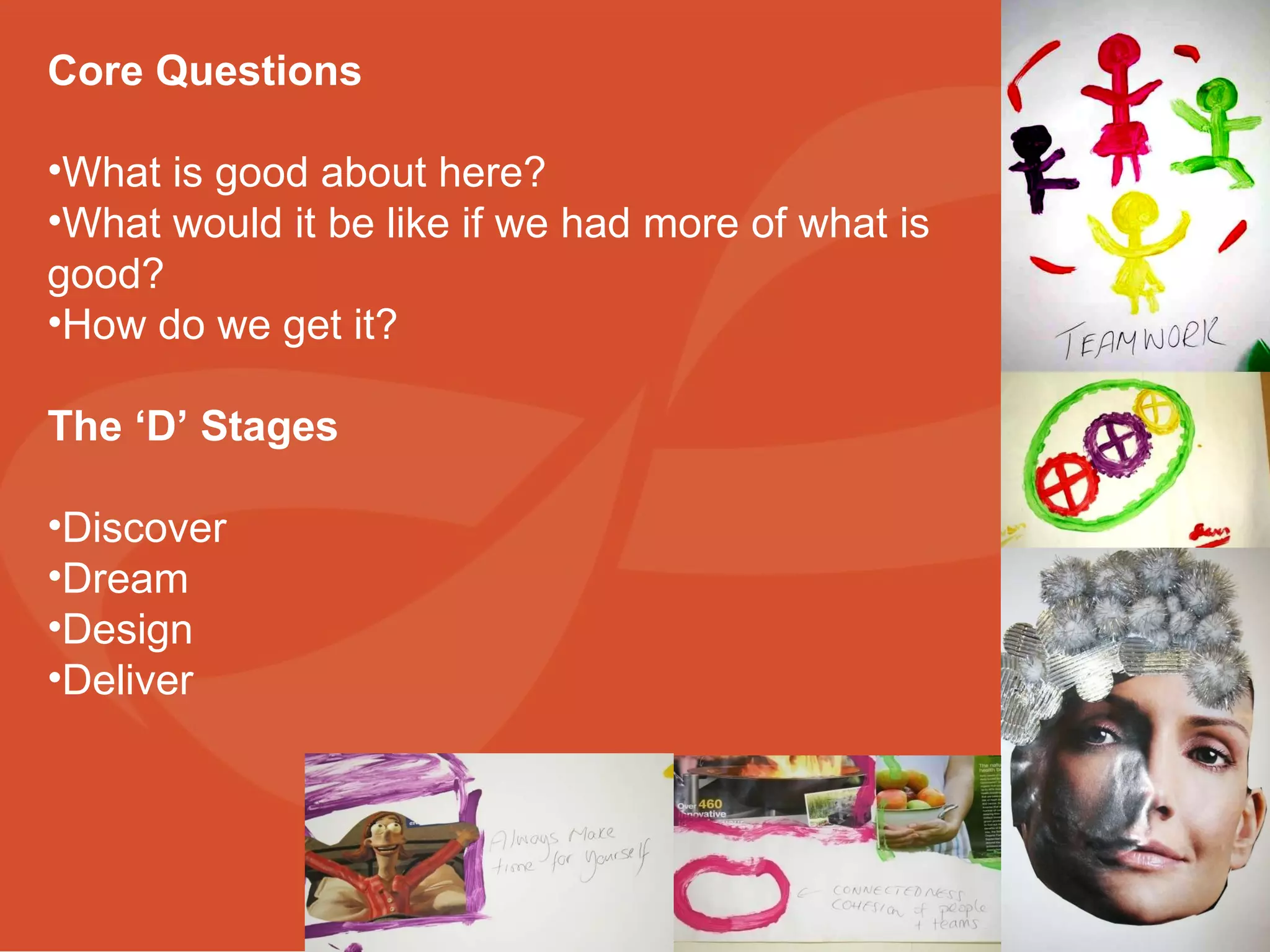 Core Questions  What is good about here? What would it be like if we had more of what is good?  How do we get it?  The ‘D’ Stages  Discover  Dream  Design  Deliver  