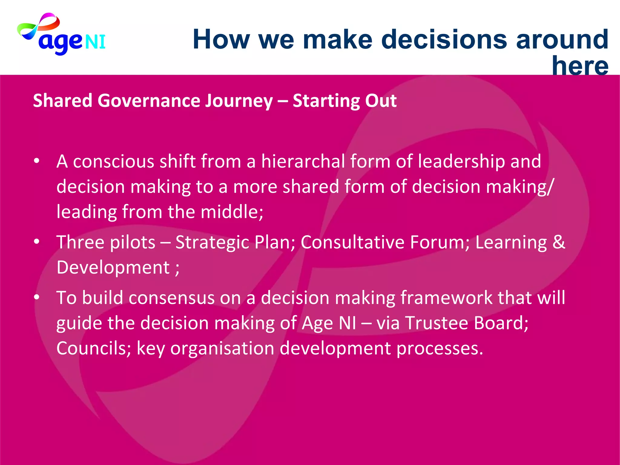 Shared Governance Journey – Starting Out  A conscious shift from a hierarchal form of leadership and decision making to a more shared form of decision making/ leading from the middle; Three pilots – Strategic Plan; Consultative Forum; Learning & Development ; To build consensus on a decision making framework that will guide the decision making of Age NI – via Trustee Board; Councils; key organisation development processes. How we make decisions around here 