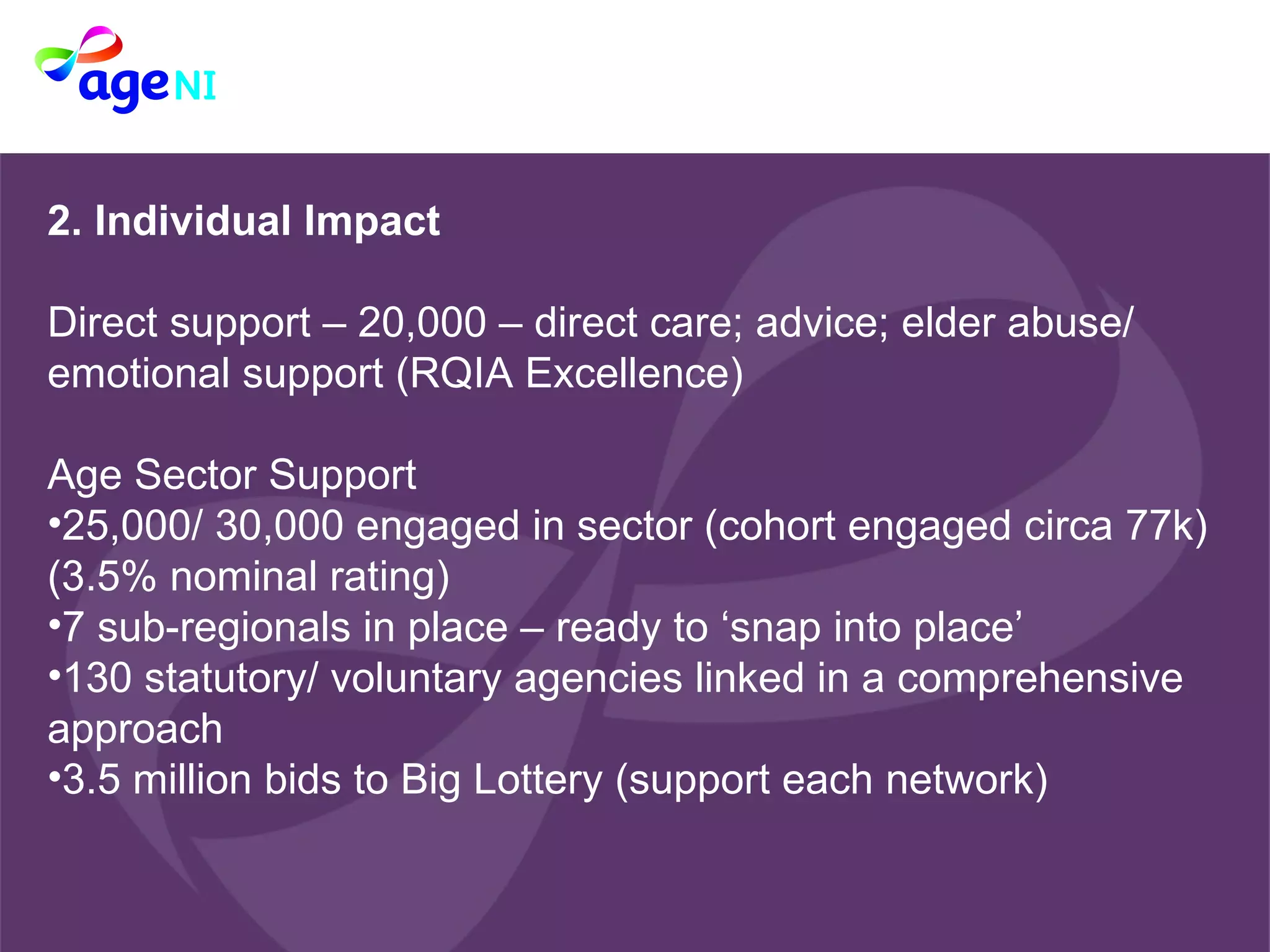 2. Individual Impact  Direct support – 20,000 – direct care; advice; elder abuse/ emotional support (RQIA Excellence)  Age Sector Support  25,000/ 30,000 engaged in sector (cohort engaged circa 77k) (3.5% nominal rating)  7 sub-regionals in place – ready to ‘snap into place’  130 statutory/ voluntary agencies linked in a comprehensive approach 3.5 million bids to Big Lottery (support each network) 