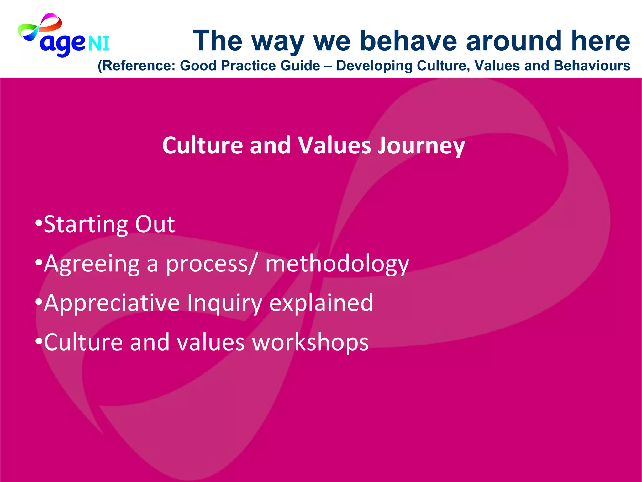 Culture and Values Journey  Starting Out  Agreeing a process/ methodology Appreciative Inquiry explained Culture and values workshops The way we behave around here (Reference: Good Practice Guide – Developing Culture, Values and Behaviours 