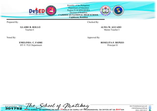 Republic of the Philippines
Department of Education
Region IV-B MIMAROPA
Division of Romblon
CAJIDIOCAN NATIONAL HIGH SCHOOL
Cajidiocan, Romblon
Prepared By: Checked By:
GLAIRE R. ROLLO ALMA M. AGUADO
Teacher-I Master Teacher I
Noted By: Approved By:
EMELINDA C. FADRI ROSELITA F. REPIZO
HT-V /TLE Department Principal II
 