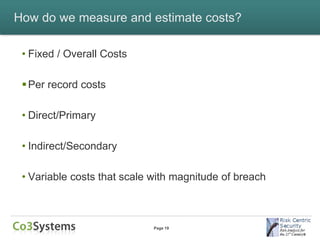 How do we measure and estimate costs?

 • Fixed / Overall Costs

  Per record costs

 • Direct/Primary

 • Indirect/Secondary

 • Variable costs that scale with magnitude of breach



                             Page 19
 