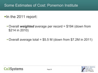 Some Estimates of Cost: Ponemon Institute


In the 2011 report:

 • Overall weighted average per record = $194 (down from
   $214 in 2010)

 • Overall average total = $5.5 M (down from $7.2M in 2011)




                            Page 25
 