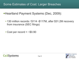 Some Estimates of Cost: Larger Breaches


Heartland Payment Systems (Dec, 2009):

 • 130 million records / $114 -$117M, after $31.2M recovery
   from insurance (SEC filings)

 • Cost per record = ~$0.90




                              Page 30
 