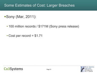 Some Estimates of Cost: Larger Breaches


Sony (Mar, 2011):

 • 100 million records / $171M (Sony press release)

 • Cost per record = $1.71




                             Page 31
 