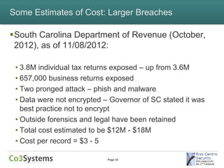 Some Estimates of Cost: Larger Breaches

South Carolina Department of Revenue (October,
 2012), as of 11/08/2012:

 • 3.8M individual tax returns exposed – up from 3.6M
 • 657,000 business returns exposed
 • Two pronged attack – phish and malware
 • Data were not encrypted – Governor of SC stated it was
   best practice not to encrypt
 • Outside forensics and legal have been retained
 • Total cost estimated to be $12M - $18M
 • Cost per record = $3 - 5

                            Page 33
 