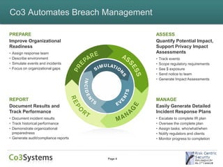 Co3 Automates Breach Management

PREPARE                                        ASSESS
Improve Organizational                         Quantify Potential Impact,
Readiness                                      Support Privacy Impact
•   Assign response team                       Assessments
•   Describe environment                       •   Track events
•   Simulate events and incidents              •   Scope regulatory requirements
•   Focus on organizational gaps               •   See $ exposure
                                               •   Send notice to team
                                               •   Generate Impact Assessments




REPORT                                         MANAGE
Document Results and                           Easily Generate Detailed
Track Performance                              Incident Response Plans
• Document incident results                    •   Escalate to complete IR plan
• Track historical performance                 •   Oversee the complete plan
• Demonstrate organizational                   •   Assign tasks: who/what/when
  preparedness                                 •   Notify regulators and clients
• Generate audit/compliance reports            •   Monitor progress to completion




                                      Page 4
 