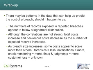 Wrap-up

• There may be patterns in the data that can help us predict
  the cost of a breach, should it happen to us:

 • The numbers of records exposed in reported breaches
   appear to follow a lognormal distribution.
 • Although the correlations are not strong, total costs
   increase and per-record costs decrease as the number of
   exposed records increases.
 • As breach size increases, some costs appear to scale
   more than others: forensics = less, notifications = more,
   credit monitoring = more, fines & judgments = more,
   customer loss = unknown

                              Page 55
 
