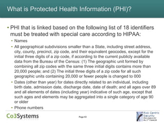 What is Protected Health Information (PHI)?

• PHI that is linked based on the following list of 18 identifiers
  must be treated with special care according to HIPAA:
 • Names
 • All geographical subdivisions smaller than a State, including street address,
   city, county, precinct, zip code, and their equivalent geocodes, except for the
   initial three digits of a zip code, if according to the current publicly available
   data from the Bureau of the Census: (1) The geographic unit formed by
   combining all zip codes with the same three initial digits contains more than
   20,000 people; and (2) The initial three digits of a zip code for all such
   geographic units containing 20,000 or fewer people is changed to 000
 • Dates (other than year) for dates directly related to an individual, including
   birth date, admission date, discharge date, date of death; and all ages over 89
   and all elements of dates (including year) indicative of such age, except that
   such ages and elements may be aggregated into a single category of age 90
   or older
 • Phone numbers

                                        Page 63
 