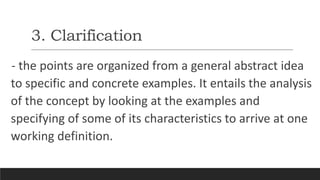 3. Clarification
- the points are organized from a general abstract idea
to specific and concrete examples. It entails the analysis
of the concept by looking at the examples and
specifying of some of its characteristics to arrive at one
working definition.
 