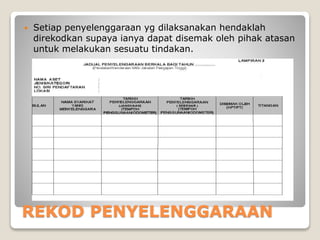 REKOD PENYELENGGARAAN
 Setiap penyelenggaraan yg dilaksanakan hendaklah
direkodkan supaya ianya dapat disemak oleh pihak atasan
untuk melakukan sesuatu tindakan.
 
