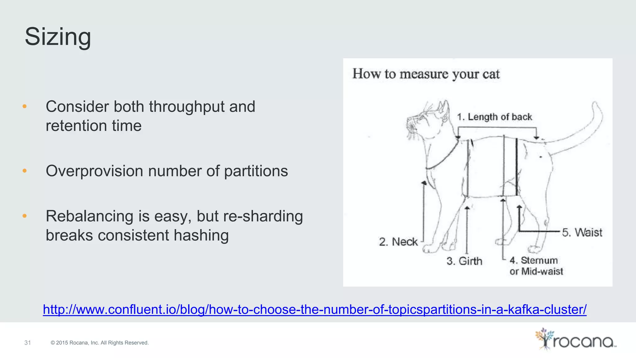 © 2015 Rocana, Inc. All Rights Reserved. Sizing 31 • Consider both throughput and retention time • Overprovision number of partitions • Rebalancing is easy, but re-sharding breaks consistent hashing http://www.confluent.io/blog/how-to-choose-the-number-of-topicspartitions-in-a-kafka-cluster/ 