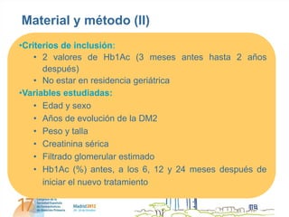 Material y método (II)
•Criterios de inclusión:
    • 2 valores de Hb1Ac (3 meses antes hasta 2 años
      después)
    • No estar en residencia geriátrica
•Variables estudiadas:
    • Edad y sexo
    • Años de evolución de la DM2
    • Peso y talla
    • Creatinina sérica
    • Filtrado glomerular estimado
    • Hb1Ac (%) antes, a los 6, 12 y 24 meses después de
      iniciar el nuevo tratamiento
 