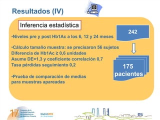 Resultados (IV)
    Inferencia estadística
                                                       242
•Niveles pre y post Hb1Ac a los 6, 12 y 24 meses

•Cálculo tamaño muestra: se precisaron 56 sujetos
Diferencia de Hb1Ac ≥ 0,6 unidades
Asume DE=1,3 y coeficiente correlación 0,7
Tasa pérdidas seguimiento 0,2                        175
•Prueba de comparación de medias                   pacientes
para muestras apareadas
 