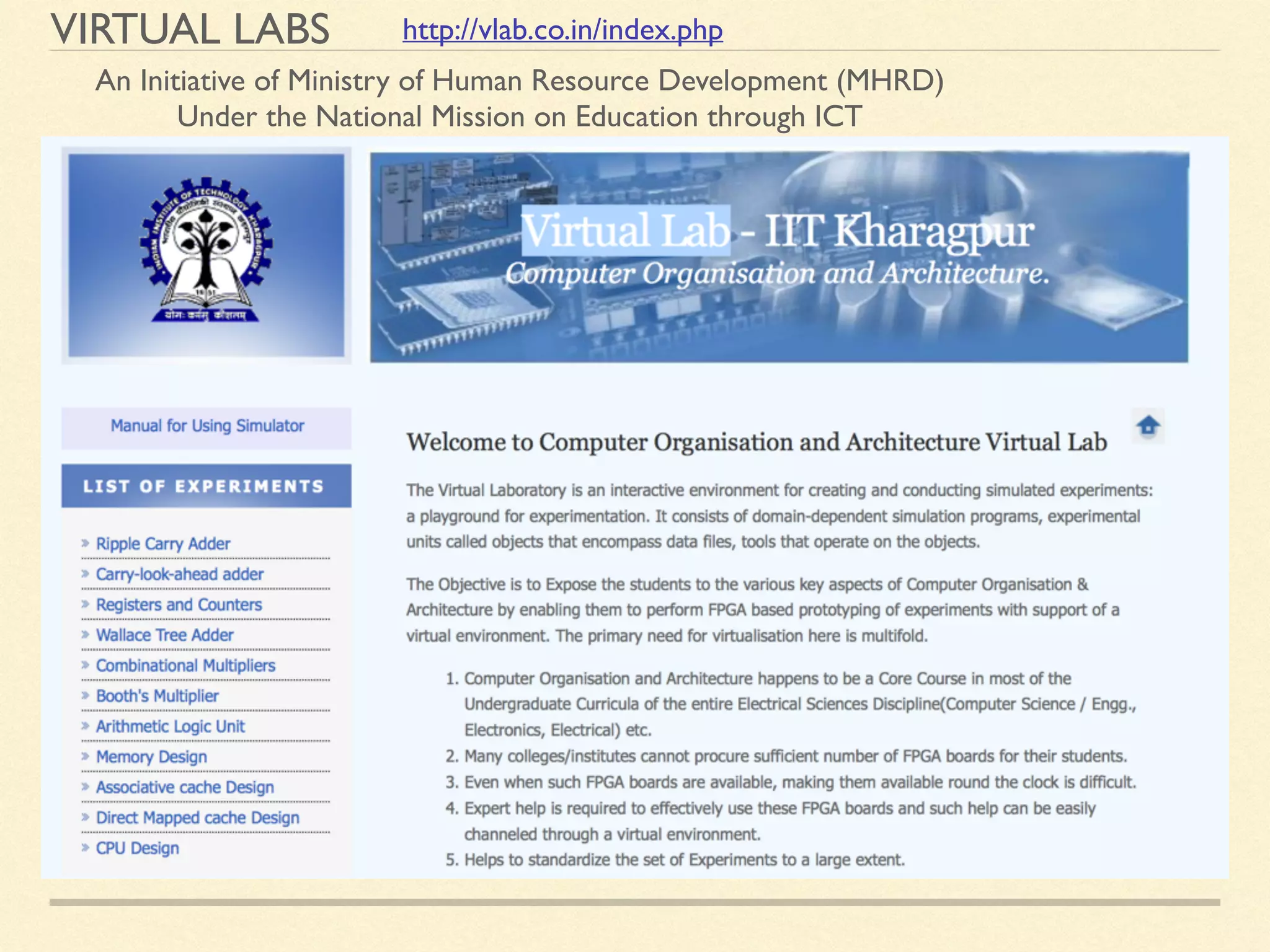 VIRTUAL LABS
An Initiative of Ministry of Human Resource Development (MHRD)
Under the National Mission on Education through ICT
http://vlab.co.in/index.php
 