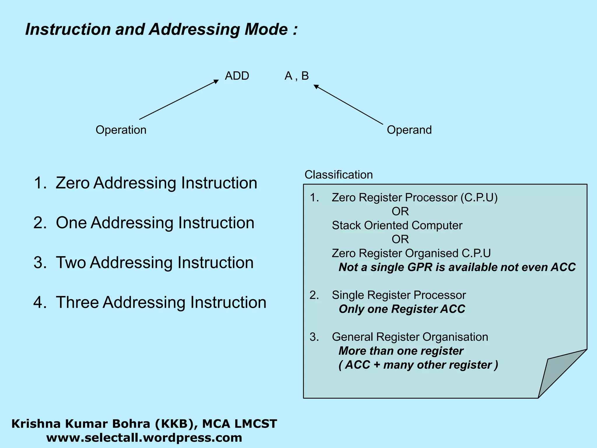 Instruction and Addressing Mode :ADD	A , BOperandOperationClassification Zero Addressing InstructionOne Addressing InstructionTwo Addressing InstructionThree Addressing InstructionZero Register Processor (C.P.U)  		       OR	Stack Oriented Computer		       OR	Zero Register Organised C.P.UNot a single GPR is available not even ACCSingle Register Processor Only one Register ACCGeneral Register Organisation	  More than one register 	  ( ACC + many other register )	Krishna Kumar Bohra (KKB), MCA LMCSTwww.selectall.wordpress.com