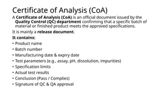 Certificate of analysis and Batch manufacturing record | PPTX