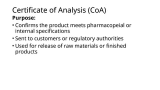 Certificate of analysis and Batch manufacturing record | PPTX