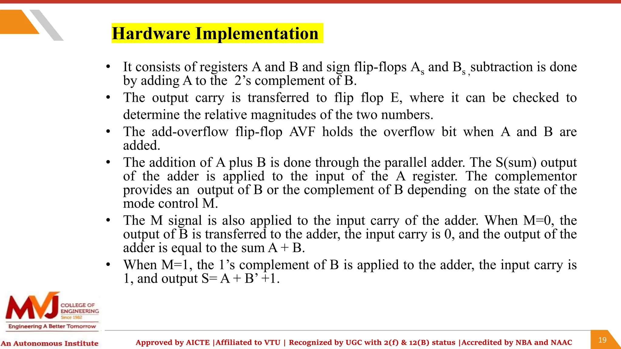 19
Approved by AICTE |Affiliated to VTU | Recognized by UGC with 2(f) & 12(B) status |Accredited by NBA and NAAC
Hardware Implementation
• It consists of registers A and B and sign flip-flops As and Bs ,subtraction is done
by adding A to the 2’s complement of B.
• The output carry is transferred to flip flop E, where it can be checked to
determine the relative magnitudes of the two numbers.
• The add-overflow flip-flop AVF holds the overflow bit when A and B are
added.
• The addition of A plus B is done through the parallel adder. The S(sum) output
of the adder is applied to the input of the A register. The complementor
provides an output of B or the complement of B depending on the state of the
mode control M.
• The M signal is also applied to the input carry of the adder. When M=0, the
output of B is transferred to the adder, the input carry is 0, and the output of the
adder is equal to the sum A + B.
• When M=1, the 1’s complement of B is applied to the adder, the input carry is
1, and output S= A + B’ +1.
 