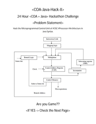 <COA-Java-Hack-X>
24 Hour <COA + Java> Hackathon Challenge
<Problem Statement>
Hack the Microprogrammed Control Unit of #CISC #Processor #Architecture in
Java Syntax.
Are you Game??
<If YES -> Check the Next Page>
 