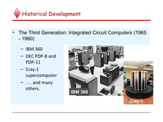 Historical Development
• The Third Generation: Integrated Circuit Computers (1965
- 1980)
IBM 360
Cray-1
– IBM 360
– DEC PDP-8 and
PDP-11
– Cray-1
supercomputer
– . . . and many
others.
 
