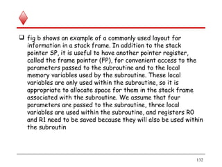  fig b shows an example of a commonly used layout for
information in a stack frame. In addition to the stack
pointer SP, it is useful to have another pointer register,
called the frame pointer (FP), for convenient access to the
parameters passed to the subroutine and to the local
memory variables used by the subroutine. These local
variables are only used within the subroutine, so it is
appropriate to allocate space for them in the stack frame
associated with the subroutine. We assume that four
parameters are passed to the subroutine, three local
variables are used within the subroutine, and registers R0
and R1 need to be saved because they will also be used within
the subroutin
132
 