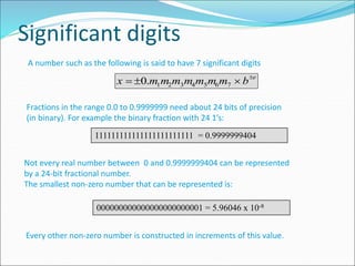 Significant digits
A number such as the following is said to have 7 significant digits
x  0.m1m2m3m4m5m6m7  be
Fractions in the range 0.0 to 0.9999999 need about 24 bits of precision
(in binary). For example the binary fraction with 24 1’s:
111111111111111111111111 = 0.9999999404
Not every real number between 0 and 0.9999999404 can be represented
by a 24-bit fractional number.
The smallest non-zero number that can be represented is:
000000000000000000000001 = 5.96046 x 10-8
Every other non-zero number is constructed in increments of this value.
 