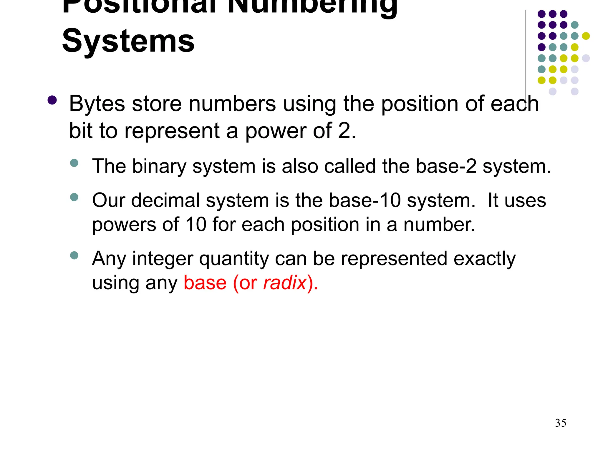 35
Positional Numbering
Systems
 Bytes store numbers using the position of each
bit to represent a power of 2.
 The binary system is also called the base-2 system.
 Our decimal system is the base-10 system. It uses
powers of 10 for each position in a number.
 Any integer quantity can be represented exactly
using any base (or radix).
 